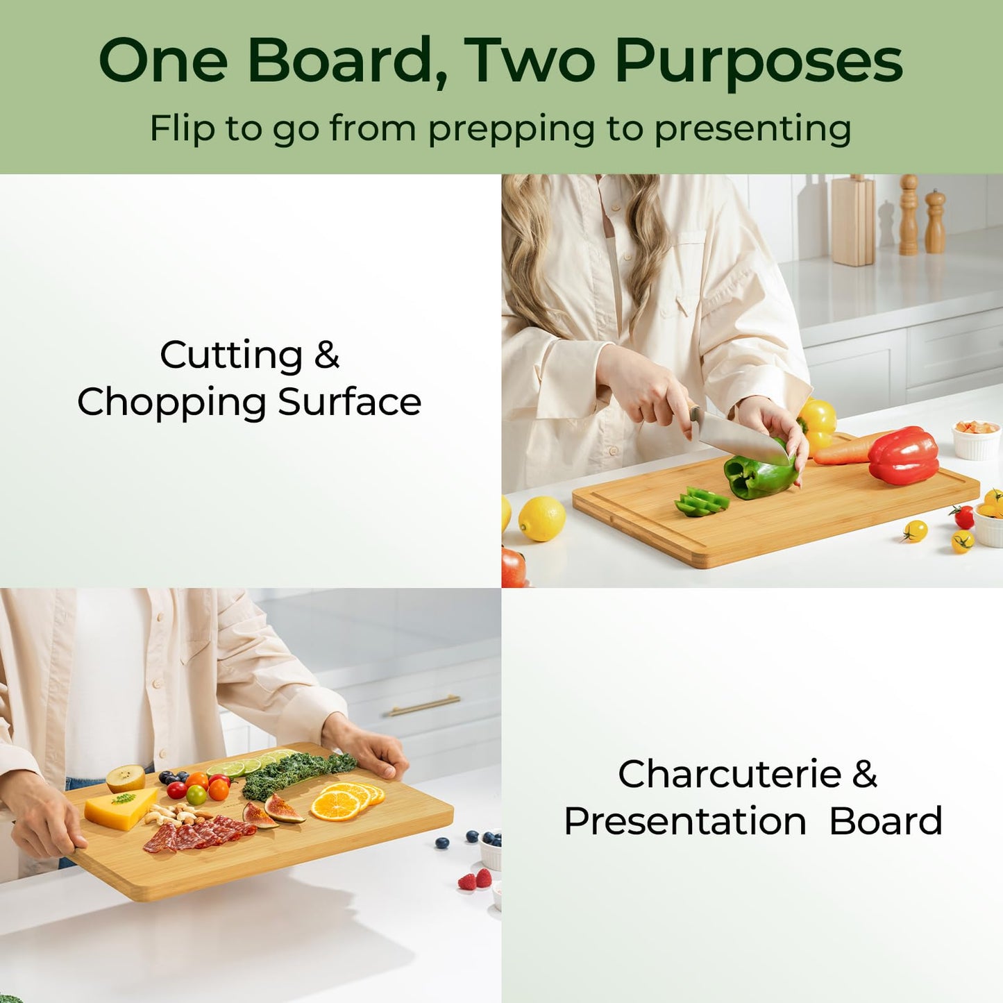Bamboo Cutting Board, Durable Wood Cutting Boards for Kitchen with Deep Juice Grooves & Built-in Handles, Ideal Charcuterie & Chopping for Meat, Vegetables and Fruits Ideal Kitchen Gifts