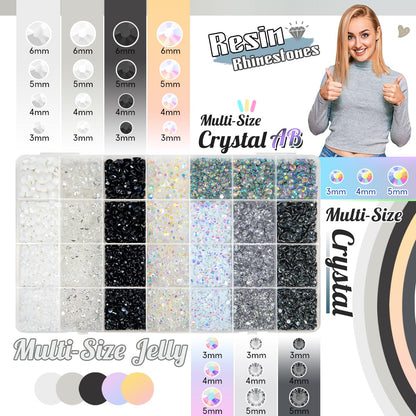 qiipii 28 Types Black White Silver Clear Jelly Resin Rhinestones w B7000 Glue for Bedazzling Crafting 3-6mm Flatback Stones Gems Diamonds Crystals for Face Makeup Crafts Tumblers Bottles Clothes Shoes