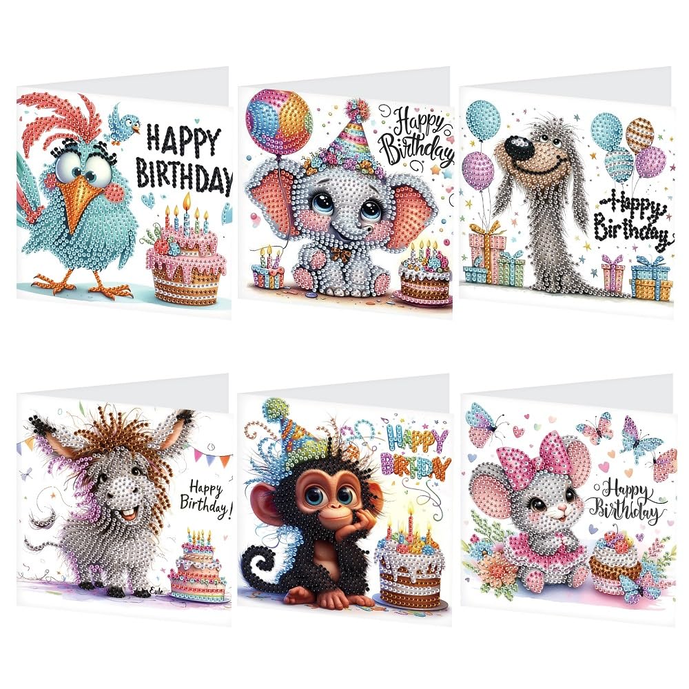Focart 6-Pack Pets Birthday Diamond Painting Greeting Card Kits, Special Shaped Diamonds Painting, DIY Handcraft for Relatives and Friends with Wishes,Unique Design Crafting for Birthday Cards