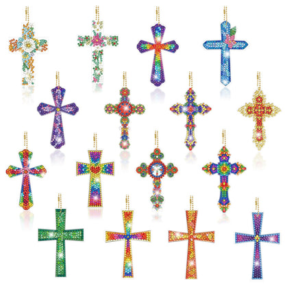 YUE ZHE 16PCS Cross Diamond Art Kits for Adults Double Sided Easter Diamond Art Keychains Cross Shaped DIY 5D Easter Diamond Painting Keychains Kits for Adults Beginners DIY Crafts