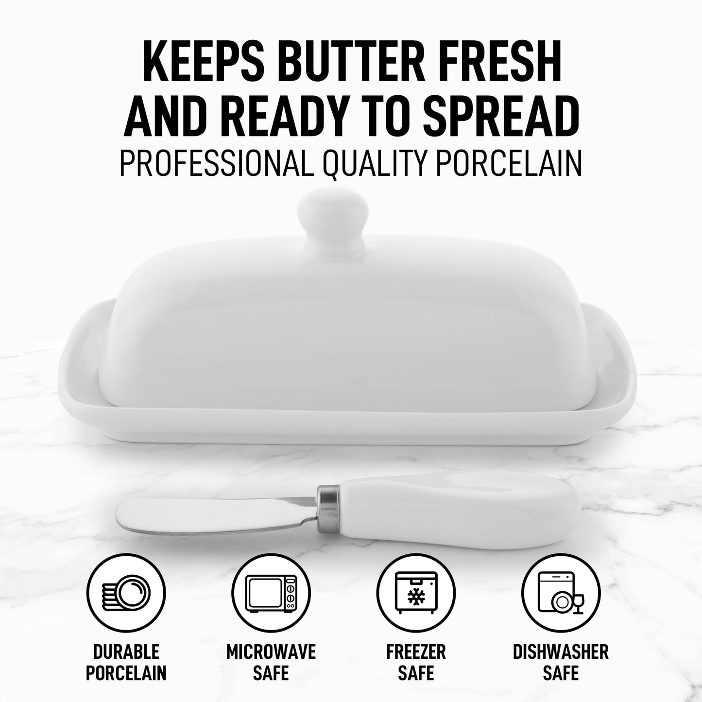 Zulay Kitchen Ceramic Butter Dish with Lid For Countertop & Stainless Steel Knife – Keeps Butter Soft & Fresh – White Butter Dish with Easy-Grip Knob, Durable & Everyday Butter Holder for Home - White
