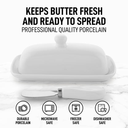 Zulay Kitchen Ceramic Butter Dish with Lid For Countertop & Stainless Steel Knife – Keeps Butter Soft & Fresh – White Butter Dish with Easy-Grip Knob, Durable & Everyday Butter Holder for Home - White