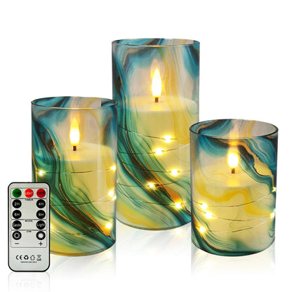 NjaoHoo Flickering Flameless Candles, Recessed String Light LED Candles 3D Wick Acrylic Battery Operated LED Pillar Candles with Remote and Timer for Modern Simple Home Decor Set of 3(Marble Printed)