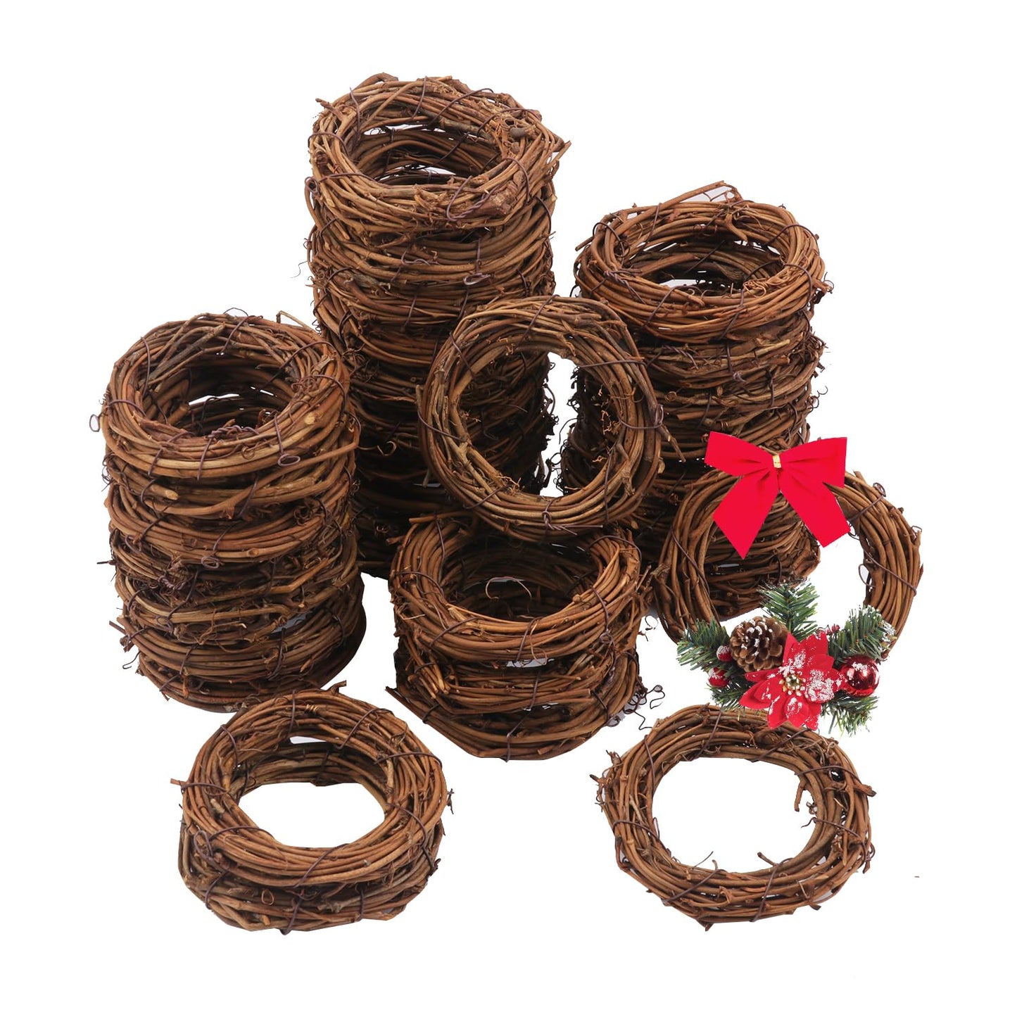 Yiksonyo 50 Pcs 3.15 Inch Natural Grapevine Wreath Set, Natural Rattan Wreath,Hand-Woven 3.15 Inch Vine Branch Wreaths, Perfect for DIY Crafts, Christmas Decorations, and Wedding Supplies