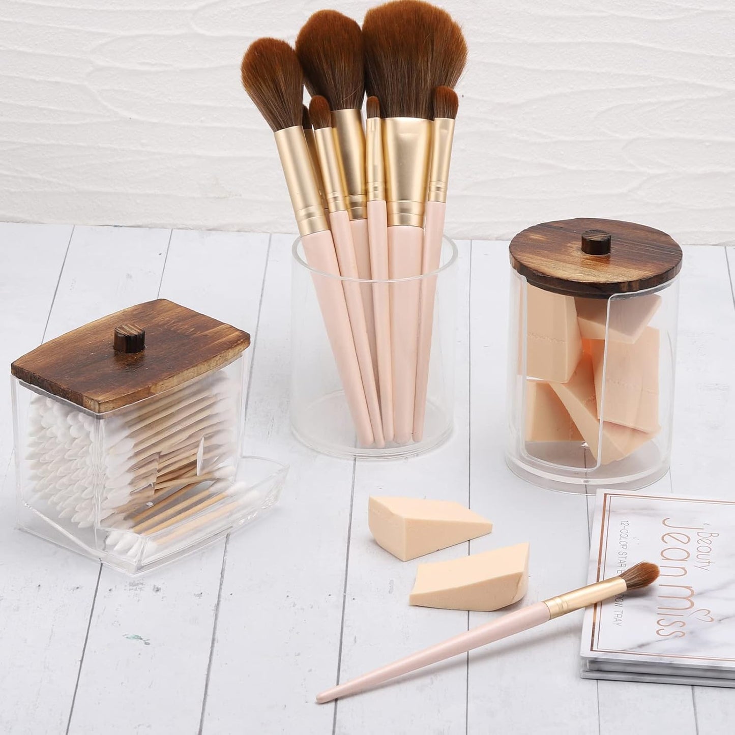 Tbestmax Bathroom Organizer Accessories Set, 10 OZ, 7 OZ Qtips Holder with Wood Lids, 3 Pcs
