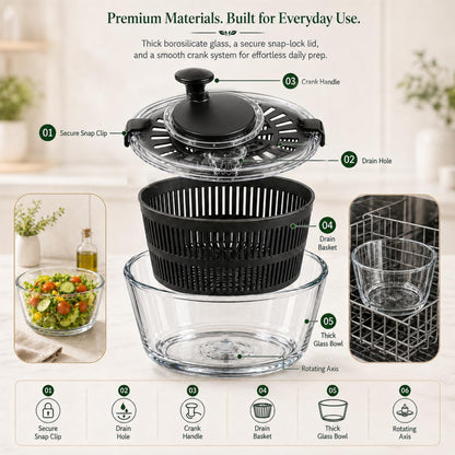 LYTYCJD Large 5.2 Qt Glass Salad Spinner Vegetable Dryer with Drain Microwave Safe Dishwasher Safe with Transparent Lid Crank Handle Quick Spin Greens Washer for Lettuce Herbs Fruits (black)