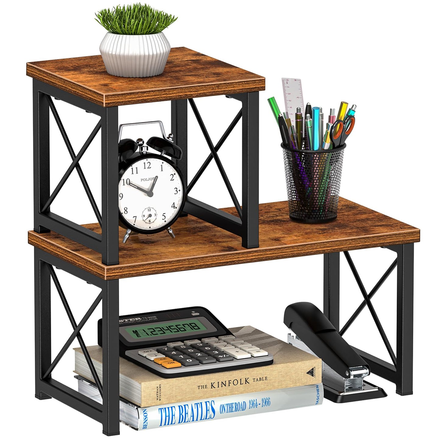 Honiter Desk Shelf, 15.7" Desktop Shelf Organizer, Freestanding Small Desktop Bookshelf, 2 Tier Independent Stackable Kitchen Counter Display Rack, Desk Hutch for Office, Dorm, Home