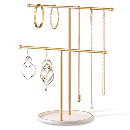 Josmimic Gold Jewelry Holder Stand with Ceramic Tray: Small Hanging Necklace Organizer Tree for Earrings, Bracelets, Rings – Jewelry Display Hanger for Women & Girls, White