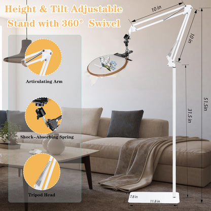 Adjustable Embroidery Hoops Stand for Hand Work,Cross Stitch Frame with 360° Rotation, Hands-Free Stitching,3-in-1 Hoop/Tablet/Phone Holder Floor Stand,White