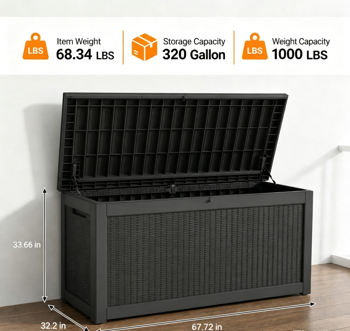 LAUSAINT HOME 320 Gallon Resin Deck Box, Package Delivery Box with Lockable Lid, Waterproof Outdoor Storage Box For Garden Tools, Patio Cushions(320 Gallon,Black)
