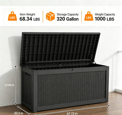 LAUSAINT HOME 320 Gallon Resin Deck Box, Package Delivery Box with Lockable Lid, Waterproof Outdoor Storage Box For Garden Tools, Patio Cushions(320 Gallon,Black)