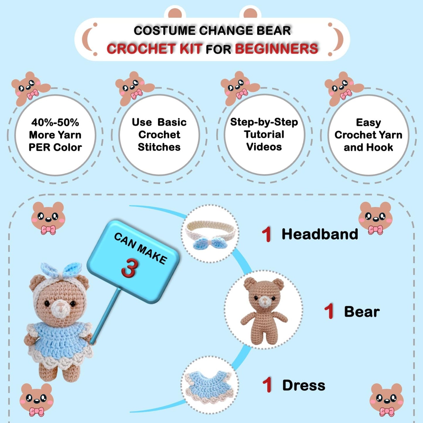 LoopMap Amigurumi Crochet Kit for Beginners with Removable Dress & Video Tutorials, DIY Bear Making Kit Includes Premium Yarn & Tools, Creative Gift for Adults Teens (Blue)