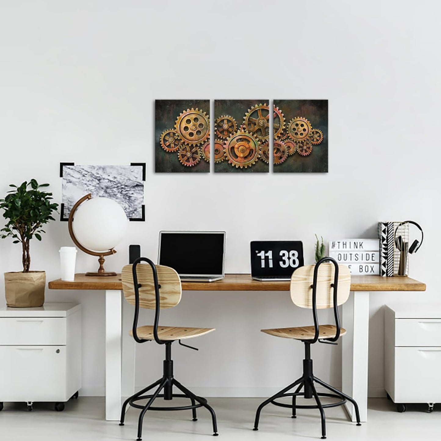 iHAPPYWALL 3 Pieces Abstract Gear Wheel Canvas Wall Art Industrial Steampunk Mechanical Picture Teamwork Gift for Bedroom Home Office Cafe Bar Decor Ready to Hang 16x12inchx3pcs