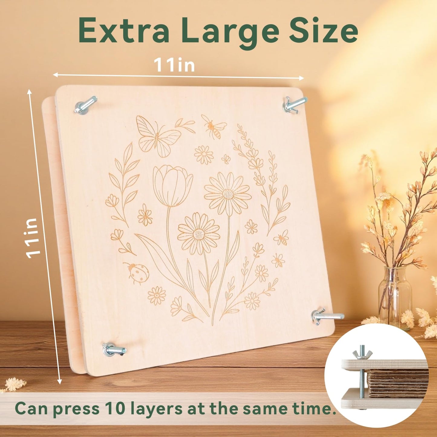 TTUGTTUG Flower Press Kit for Adults, 11" x 11" Large Wooden 10-Layer Press for DIY Floral Art, Wedding Flower Drying, Great Gift for DIY Flowers Lovers