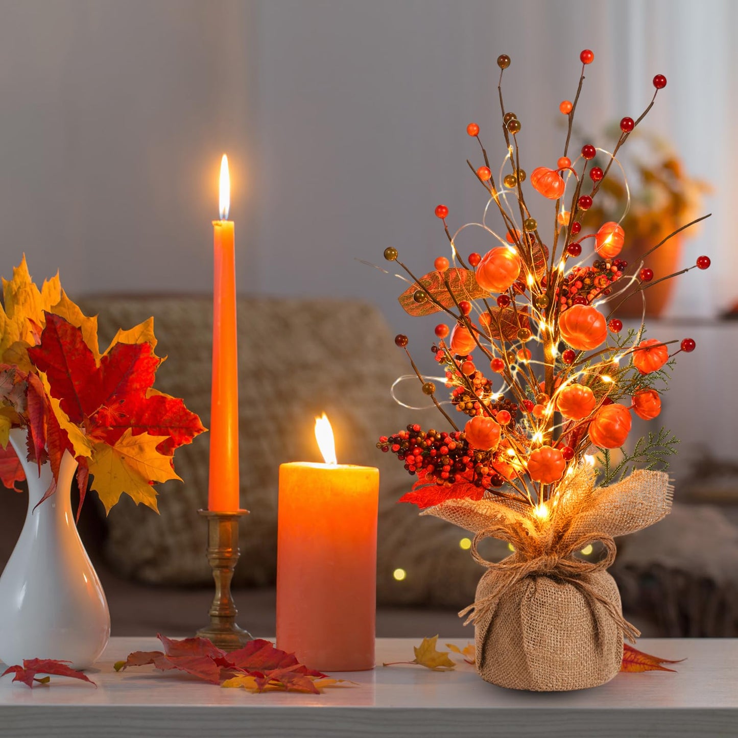 Pinkunn Fall Thanksgiving Centerpieces for Tables Decorations 16 Inch Lighted Fall Tree Tabletop with Artificial Pumpkins Berries Leaves Burlap Base Autumn Decor for Home Indoor Office Desk Party