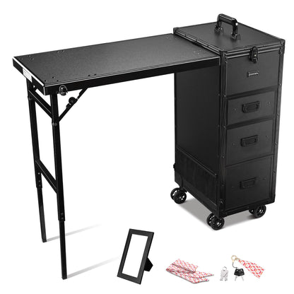 BYOOTIQUE Black Portable Nail Station with Storage Two-Way Removable Tabletop Foldable Manicure Desk Station on Wheels for Makeup Artisr Manicurist Beauty Salon Esthetician Barbershop Hairstylist