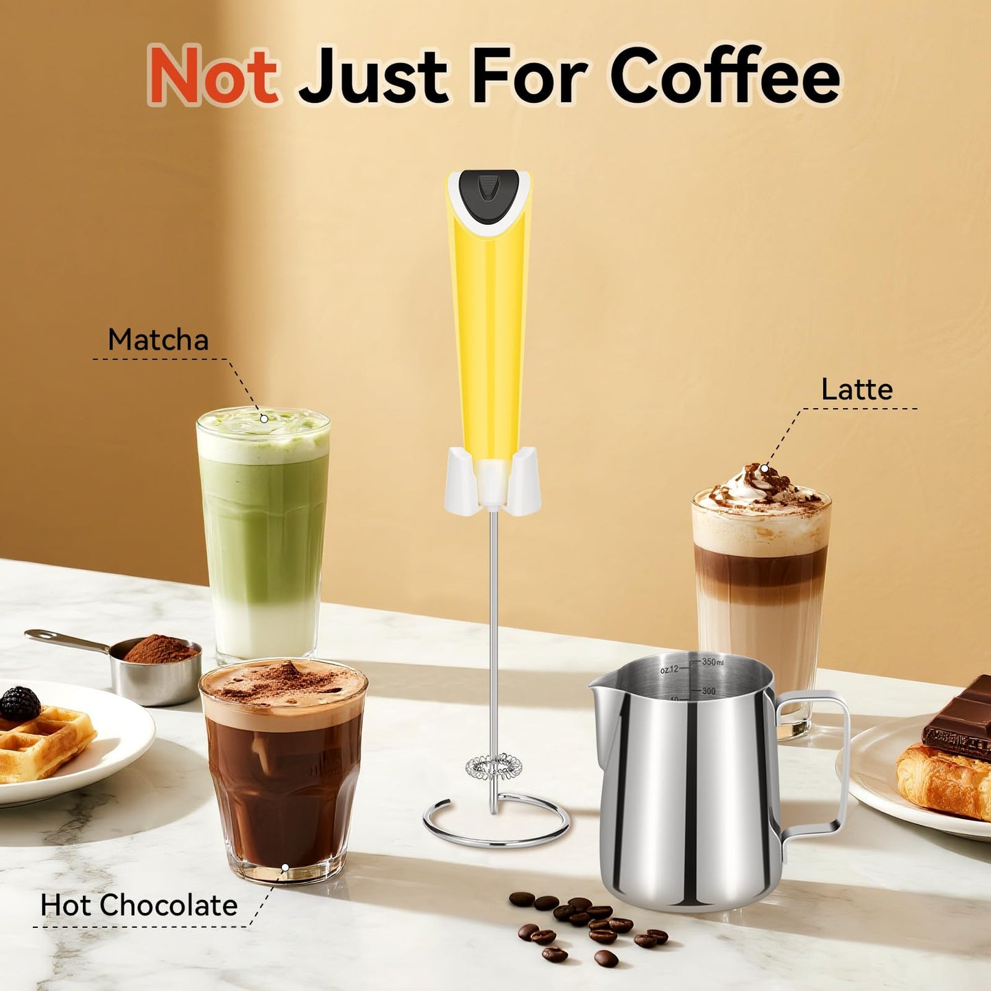 Commonfrog Powerful Milk Frother for Coffee, Fast Handheld Drink Mixer with Stainless Steel Whisk, Battery Operated Hand Frother Stirrer Wand-stand- yellow