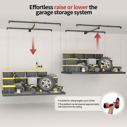 Garage Ceiling Storage Racks – 4x8 FT Overhead Garage Storage Rack with Safety Lock, Heavy-Duty Ceiling Mounted Lift System and Storage Organizer, Ideal for Maximizing Overhead Space, 325 lbs Capacity