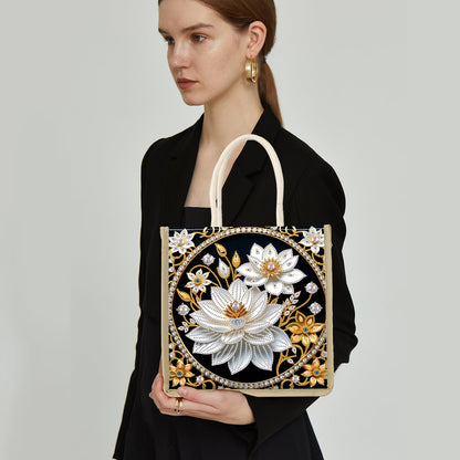 antor DIY Diamond Painting Tote Bag Kit for Adults, Lotus Flower Elegant Diamond Art Handbag Craft Storage Bag, Crystal Art Diamond Painting Bag for Casual Shopping, Travel, Daily Use, Gift