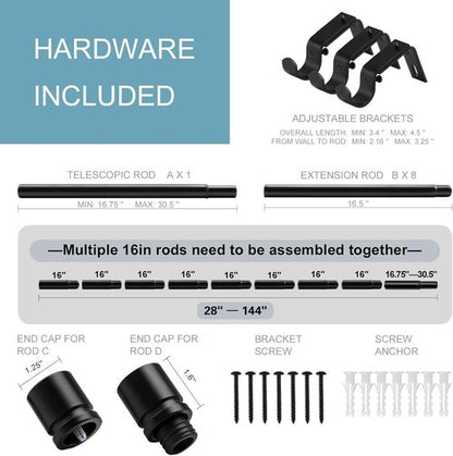 Byondeth Curtain Rods - Adjustable 16 to 144 Inches | 1 Inch Diameter | Black with Aluminium Finials