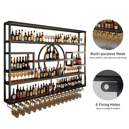 GKBRSU Modern Wall Mounted Wine Rack with LED Light, Large Industrial Metal Wine Bottle Holder with Glass Hanger, Floating Bar Shelves for Home Bar Decor, Black 63x8x51in (Black, 63 in)