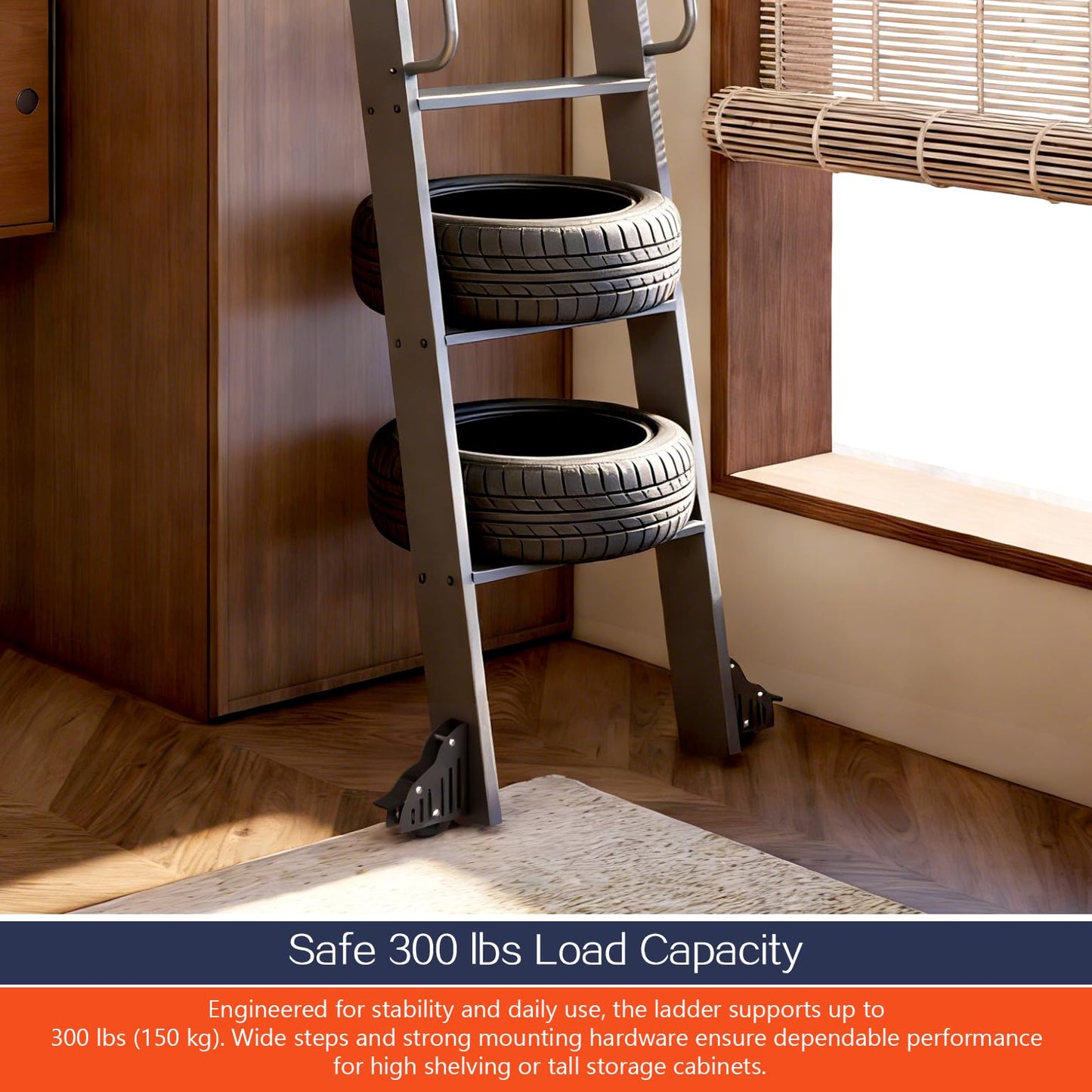 DIYHD 96" Lightweight Sliding Library Ladder with Handrail, Rolling Bookshelf Ladder with 4FT Rail System, Telescopic Top Hook, Upright Space-Saving Storage Design, 8 Steps, 300 Pound Capacity, Black