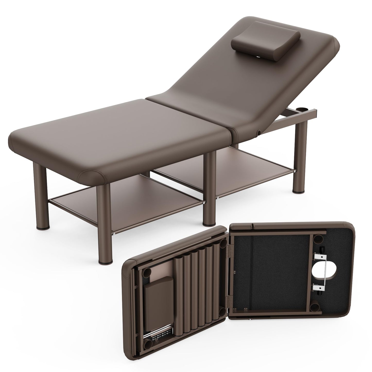 Folding Stationary Massage Table with Backrest and Storage Space for Treatment Table Physical Therapy Table Spa Facial Bed, 6 Round legs Metal Frame PU Leather, 30.5'' Wide × 75'' Long - Brown