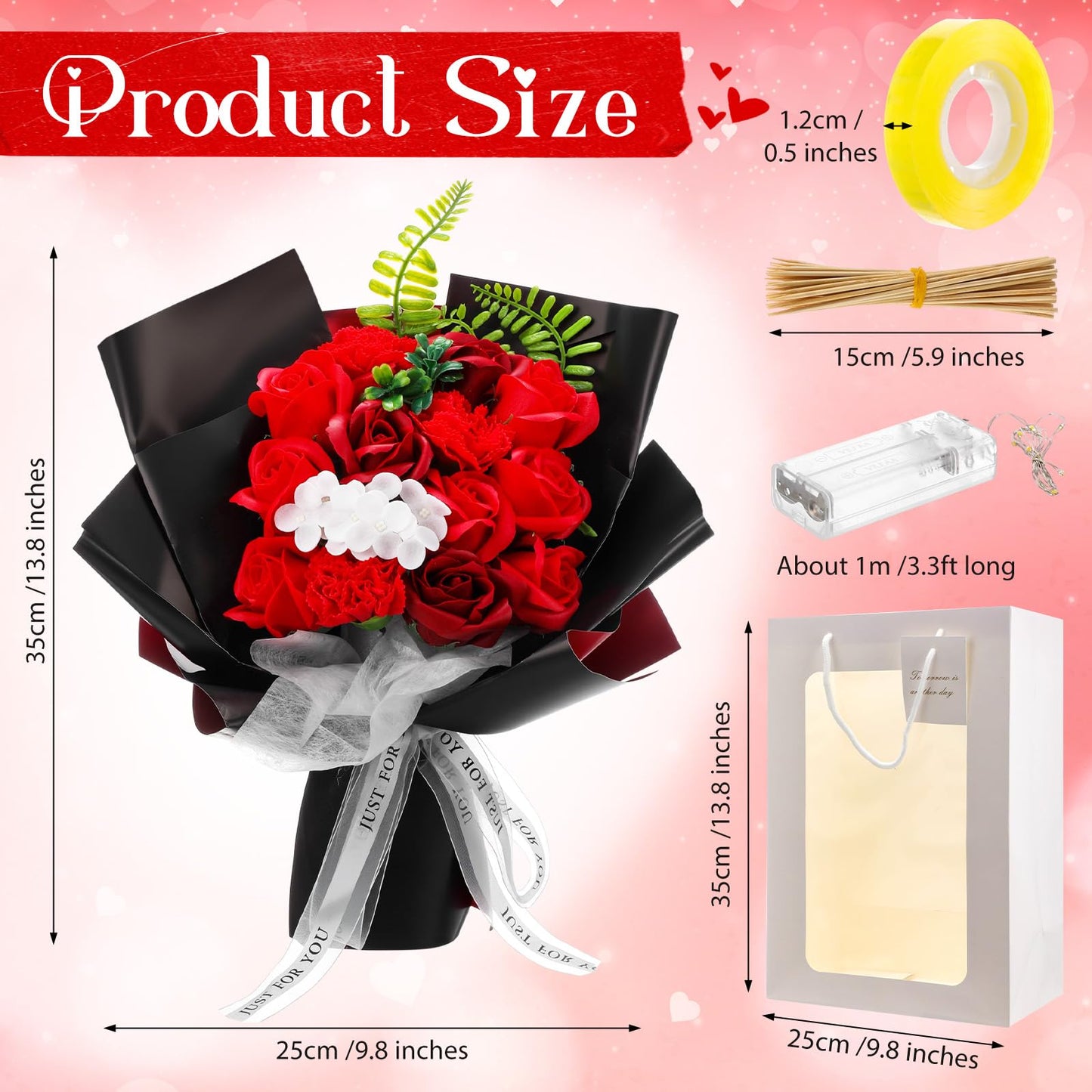 Suncalla Money Flower Bouquet Kit DIY Artificial Soap Rose Gifts with LED Light Kit, Fake Floral Rose Bouquet with Gift Bag Set for Graduation Anniversary Wedding(Red)