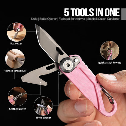 TACRAY Vinto 5-in-1 Small Pocket Knife – Ultra-Light Compact Multitool with Utility Knife, Seatbelt Cutter, Bottle Opener, Flathead Screwdriver & Keyring Attachment for Everyday Carry (Pink)