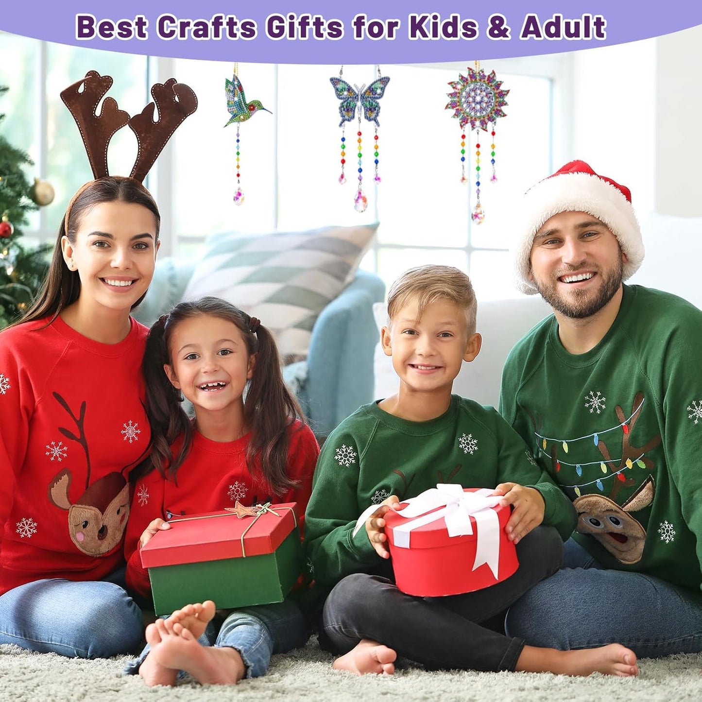 Arts and Crafts for Kids Ages 8-12, DIY Diamond Painting Kits Birthday Gifts for 6 7 8 9 10 11 12 Year Old Girls Boys, Butterfly, Sun Hummingbird, Suncatcher, Wind Chimes for Home Garden Decor