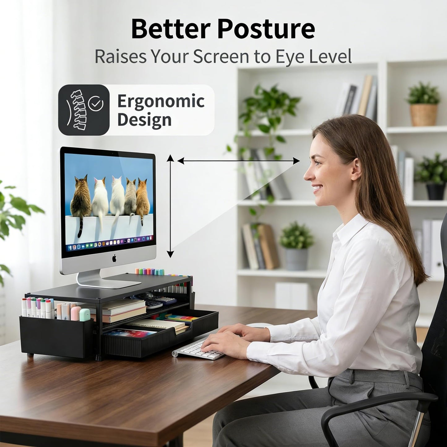 ECOLOVI Desk Organizer and Accessories, 2-Tier Computer Monitor Stand Rise with Storage Drawer & 2 Pen Holders, Laptop & Printer Stand for Desktop, Workspace Organizers for Office Supplies (Black)