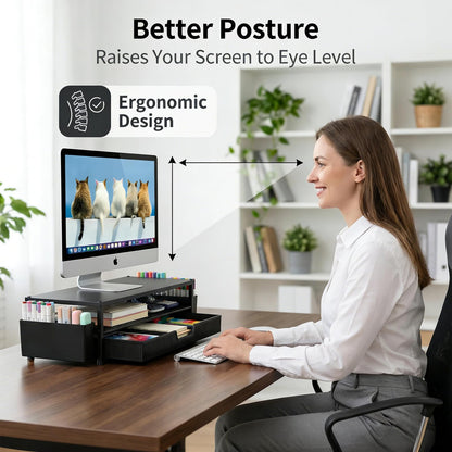 ECOLOVI Desk Organizer and Accessories, 2-Tier Computer Monitor Stand Rise with Storage Drawer & 2 Pen Holders, Laptop & Printer Stand for Desktop, Workspace Organizers for Office Supplies (Black)