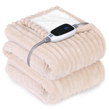 SEALY Electric Blanket Full Size, Soft Ribbed Flannel to Sherpa Reversible Heated Blanket with 10 Heat Settings & 1-12 Hours Auto-Off Overheat Protection, Machine Washable, 72"x84" Beige