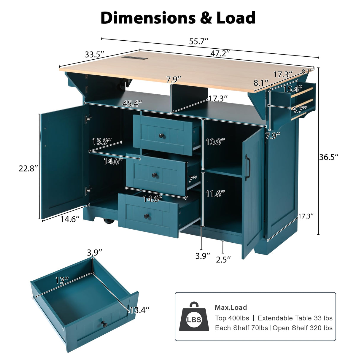 Ball & Cast Large Green Rectangular Kitchen Island with 2 Drop Leaf, 3 Drawers, 2 Doors, Folding Storage Dining Table, Spice & Towel Rack, Power Outlet & USB Port, 5 Wheels, 55.7"W x 34"D x 36.5"H