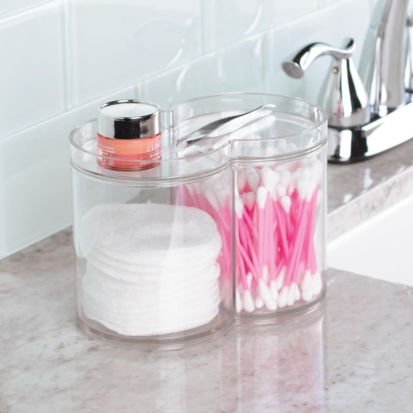 iDesign Clarity Collection Round Plastic Canister Cosmetic Organizer with Top Tray Lid, Clear – 6.12” x 3.62” x 4.35”