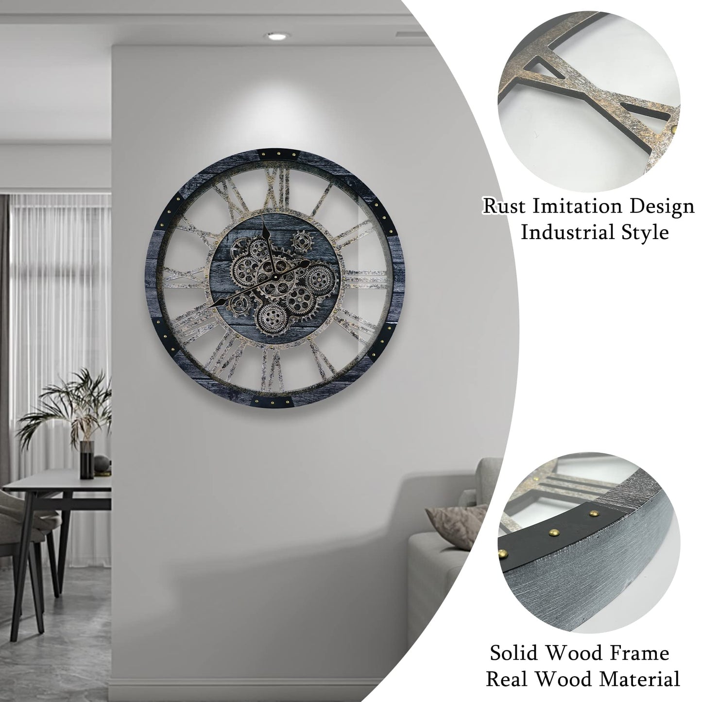 TOPPTIK 36 Inch Moving Gear Wall Clock, Oversized Wall Clocks, Clock Living Room Decor, Solid Wood Frame, Battery Operated, Large Wall Clock with Steampunk Industrial for Fireplace(Gray)