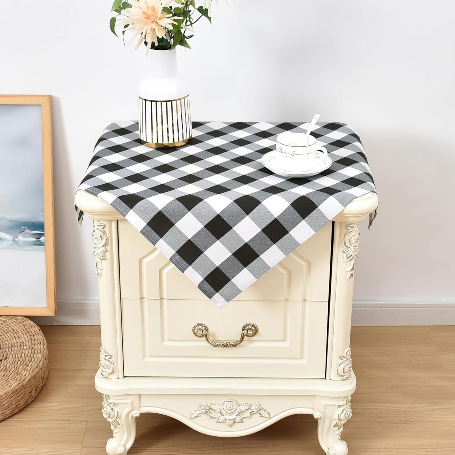 2 Pack 24x24 Inch Wolkemer Small Square Tablecloth Farmhouse Checkered Black and White Gingham Nightstand Table Cloth