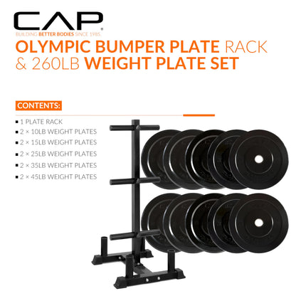 CAP Barbell 260 lb Elite Olympic Plate Set with Traditional Plate Rack & Barbell Storage | 6 Weight Posts + 4 Barbell Holders