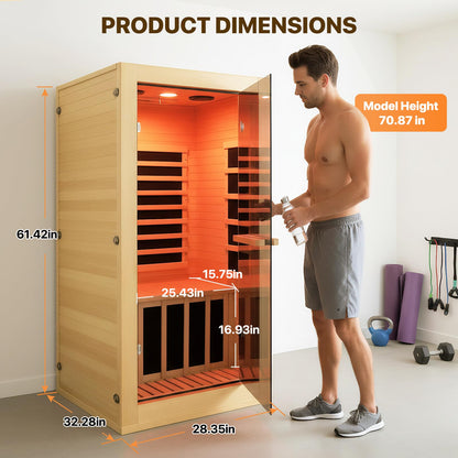 OUTEXER Infrared Sauna Room Indoor Saunas Home Obeche Wood 900W Low-EMF Dry Saunas Single Person Spa with 7 Color Light 32.3 * 28.3 * 61.4 inch