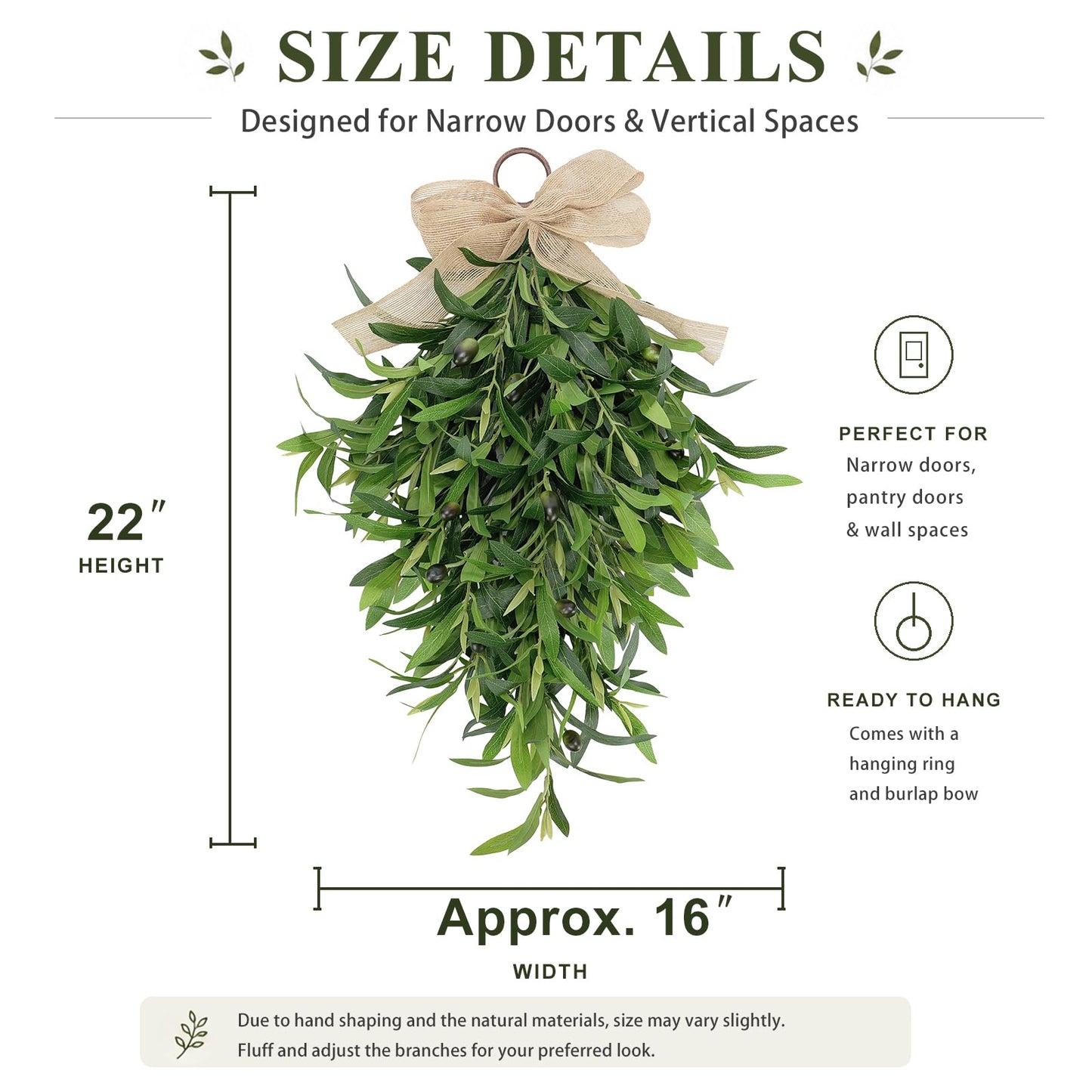 Artificial Olive Teardrop Swag Wreath for Front Door - 22 Inch Faux Greenery Wall Decor with Burlap Bow - Farmhouse Olive Branch Swag for Indoor Kitchen Entryway Wedding Arch