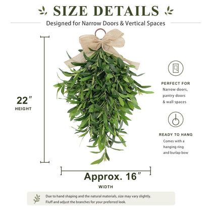 Artificial Olive Teardrop Swag Wreath for Front Door - 22 Inch Faux Greenery Wall Decor with Burlap Bow - Farmhouse Olive Branch Swag for Indoor Kitchen Entryway Wedding Arch