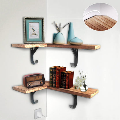 16 Inch Set 2 HAO Floating Corner Wall Shelves Rustic Wood Mounted Shelving L Shape Shelf with Cable Wire Hole Pattern