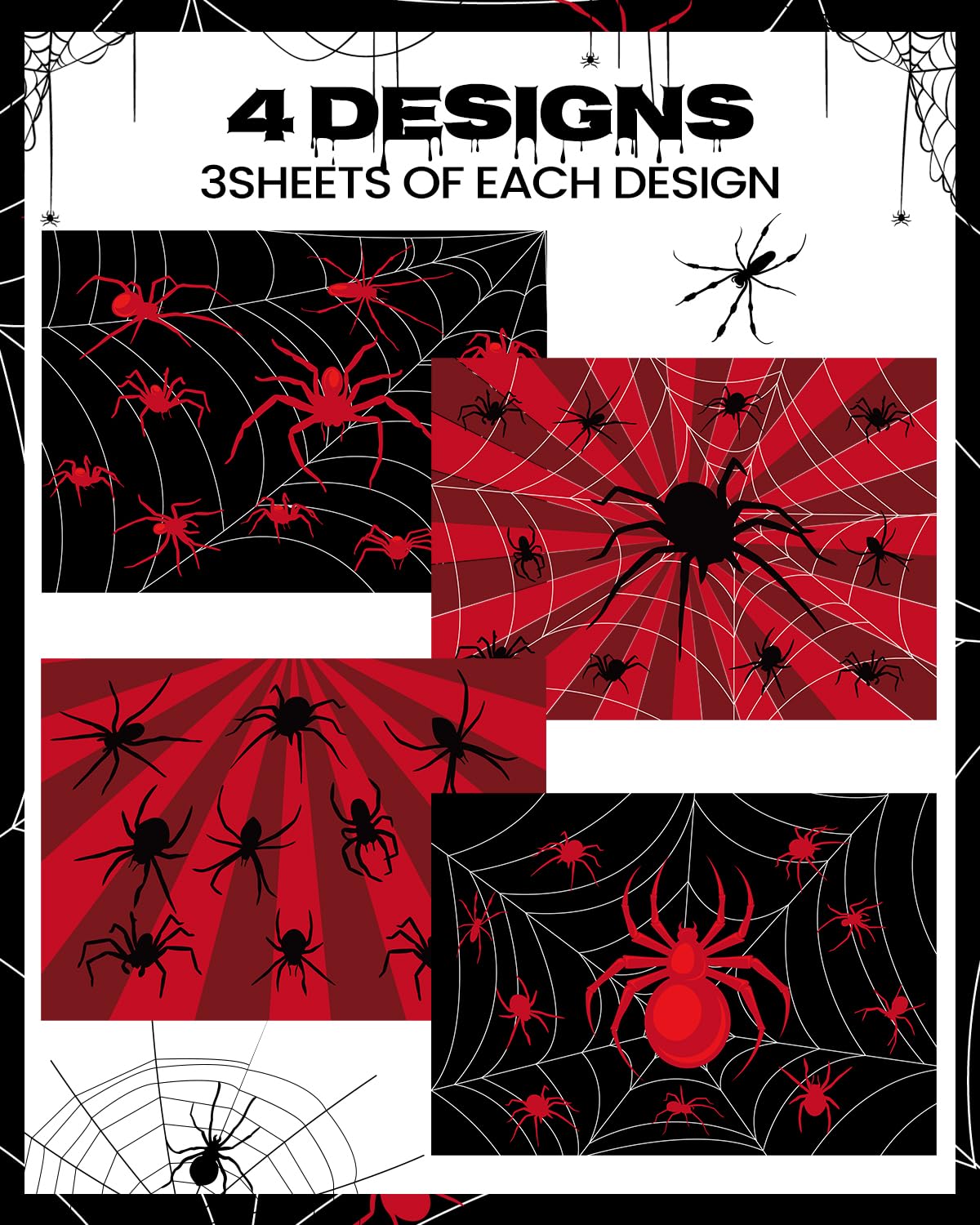 Pineraap 12 Sheets Black Spider Wrapping Paper, Gothic Red Spider Gift Wrap Paper, Nightmare Goth Decorative Craft Tissue Spider Party Decoration for Gothic Theme Birthday Party, 20"×28"