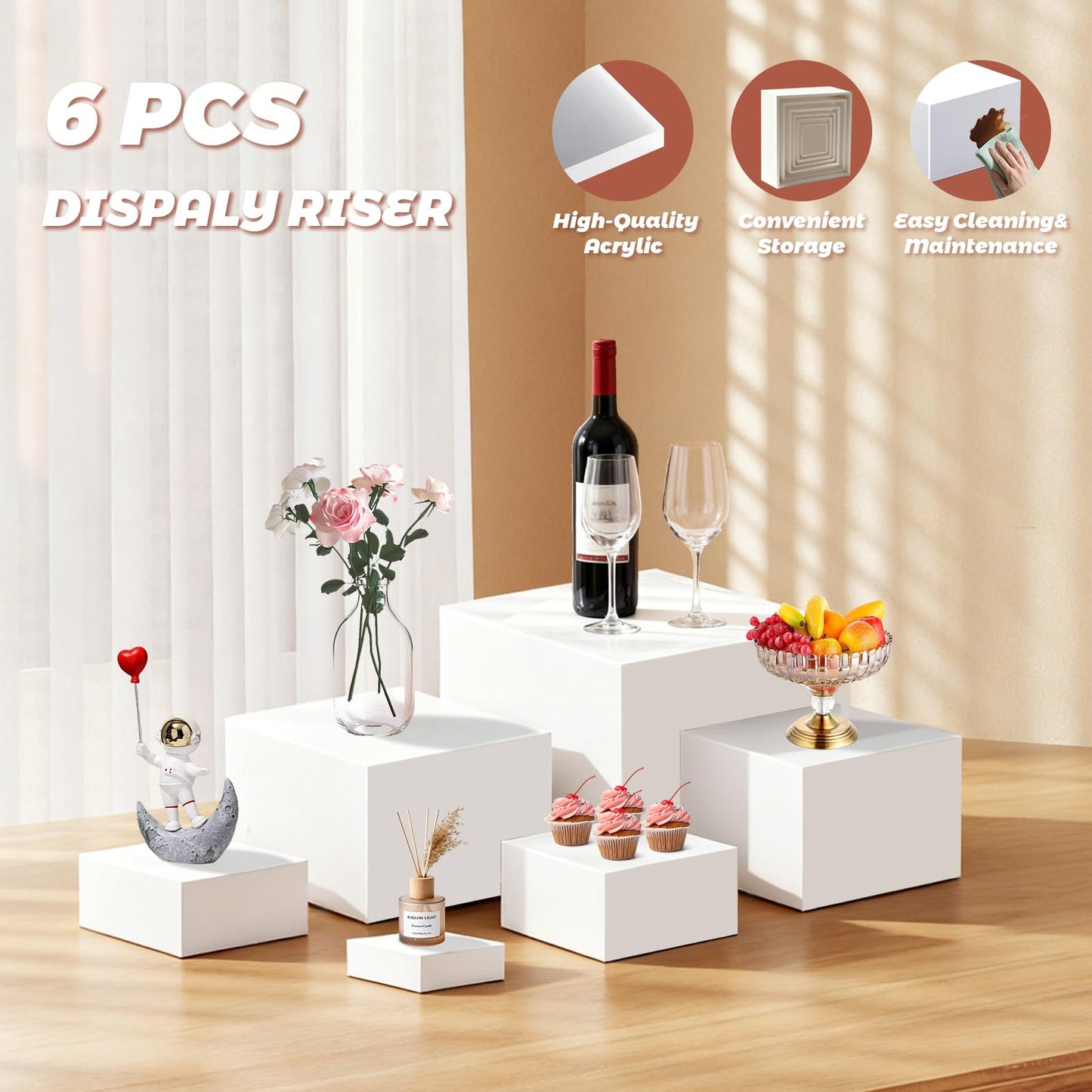 6Pcs Buffet Risers with Mini Sign and Maker, Acrylic Food Risers for Buffet Table, White Food Display Stands for Party, Collectibles Jewelry Display Stand, Acrylic Boxes Nesting Risers(10",9",8",7",6",5")
