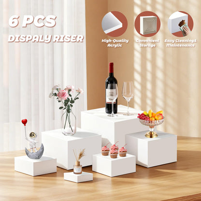 6Pcs Buffet Risers with Mini Sign and Maker, Acrylic Food Risers for Buffet Table, White Food Display Stands for Party, Collectibles Jewelry Display Stand, Acrylic Boxes Nesting Risers(10",9",8",7",6",5")