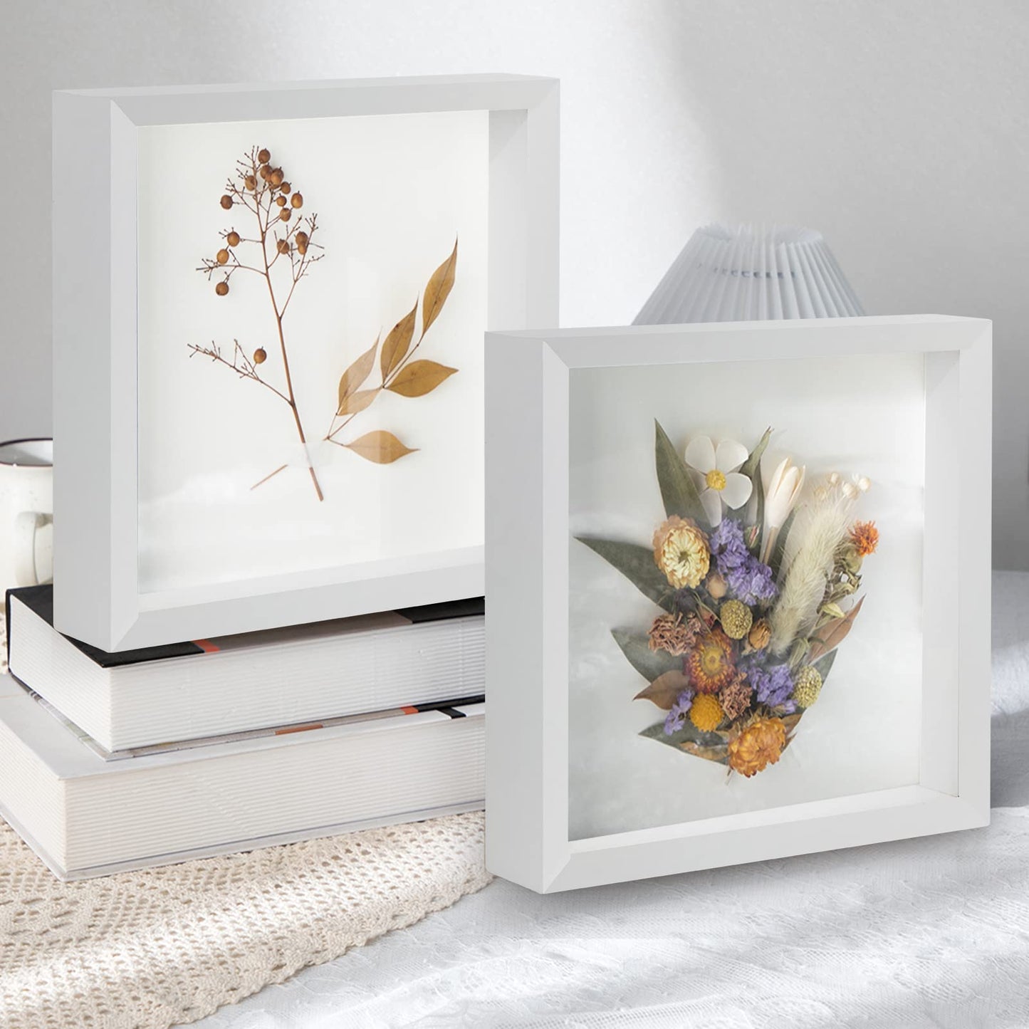 Anhow 2pcs 5x5 Shadow Box Frame, 3D Picture Frame Display Cas with Real Transparent Glass for Photos, Memorabilia, Crafts, Souvenir, Wedding Memories, Baby Items - White/ 1.2 Inch Depth