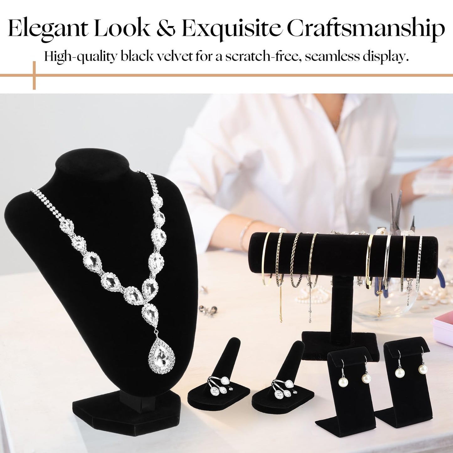 Wenqik 6 Pcs Velvet Jewelry Display Set Velvet Necklace Mannequin Bust Stand T Bar Bracelet Holder 2 Earring Stand 2 Ring Finger Jewelry Holder for Home Decor Showcase