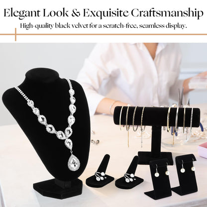 Wenqik 6 Pcs Velvet Jewelry Display Set Velvet Necklace Mannequin Bust Stand T Bar Bracelet Holder 2 Earring Stand 2 Ring Finger Jewelry Holder for Home Decor Showcase
