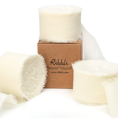 Ribbli Ivory Chiffon Ribbon 1-1/2 inch x 30 Yard Handmade Fringe Chiffon Ivory Silk Ribbon,Cream Ribbon for Wedding Invitations, Bridal Bouquets Wrapping, Flower Arrangement Decoration