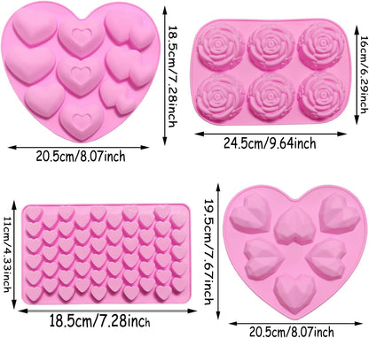 6PCS Diamond Heart Silicone Mold, Valentines Day Rose Flower Chocolate Mold with 2 Liquid Droppers for Baking